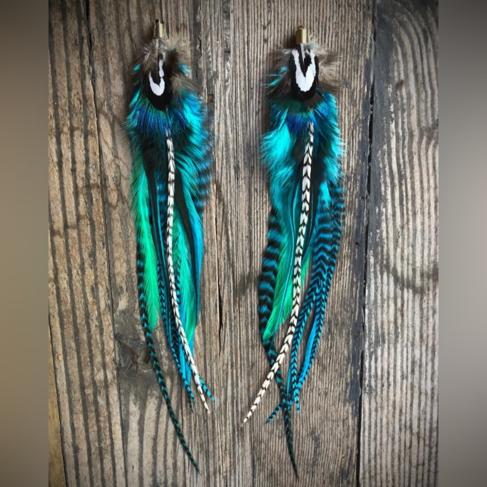 Feather Earrings, Blue, Teal, Turquoise, One of a Kind